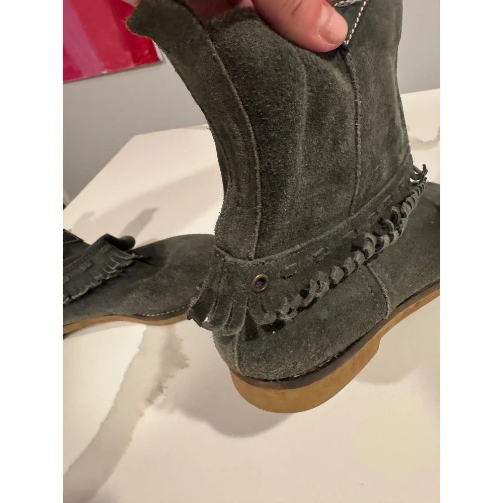 Coolway Gray Suede Fringe‎ Ankle Boots Womens Flat Boho Booties Charcoal 7